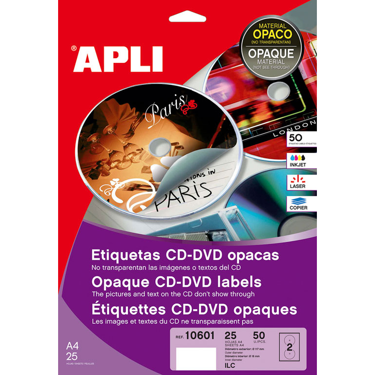 ETIQUETAS AUTOADHESIVAS CD-DVD APLI COBERTURA TOTAL 2 ETIQUETAS X HOJA PAQUETE DE 25 HOJAS